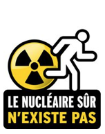 dessin un homme courant, le logo de nucléaire et la phrase "Le nucléaire sûr n'existe pas"