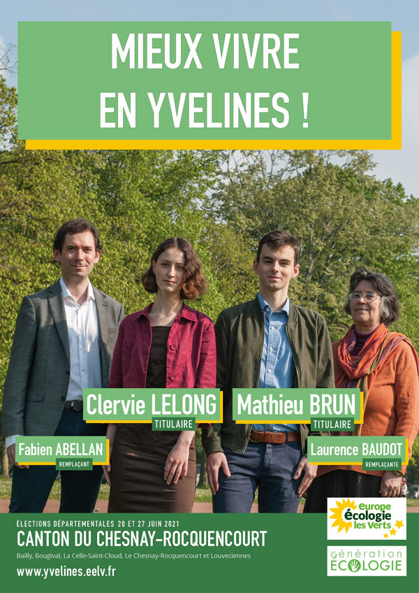 Affiche candidats pour le canton de Le Chesnay-Rocquencourt représentant EELV au éléctions départementales 2021